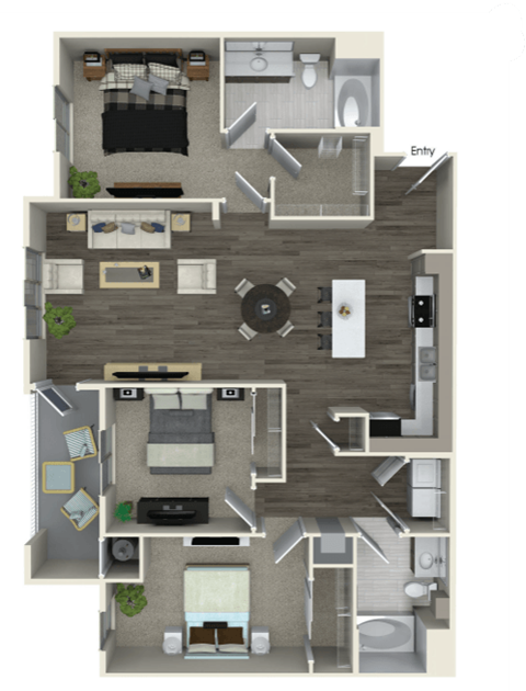 Floor plan for 3 beds, 2 baths, 1371 sqft
